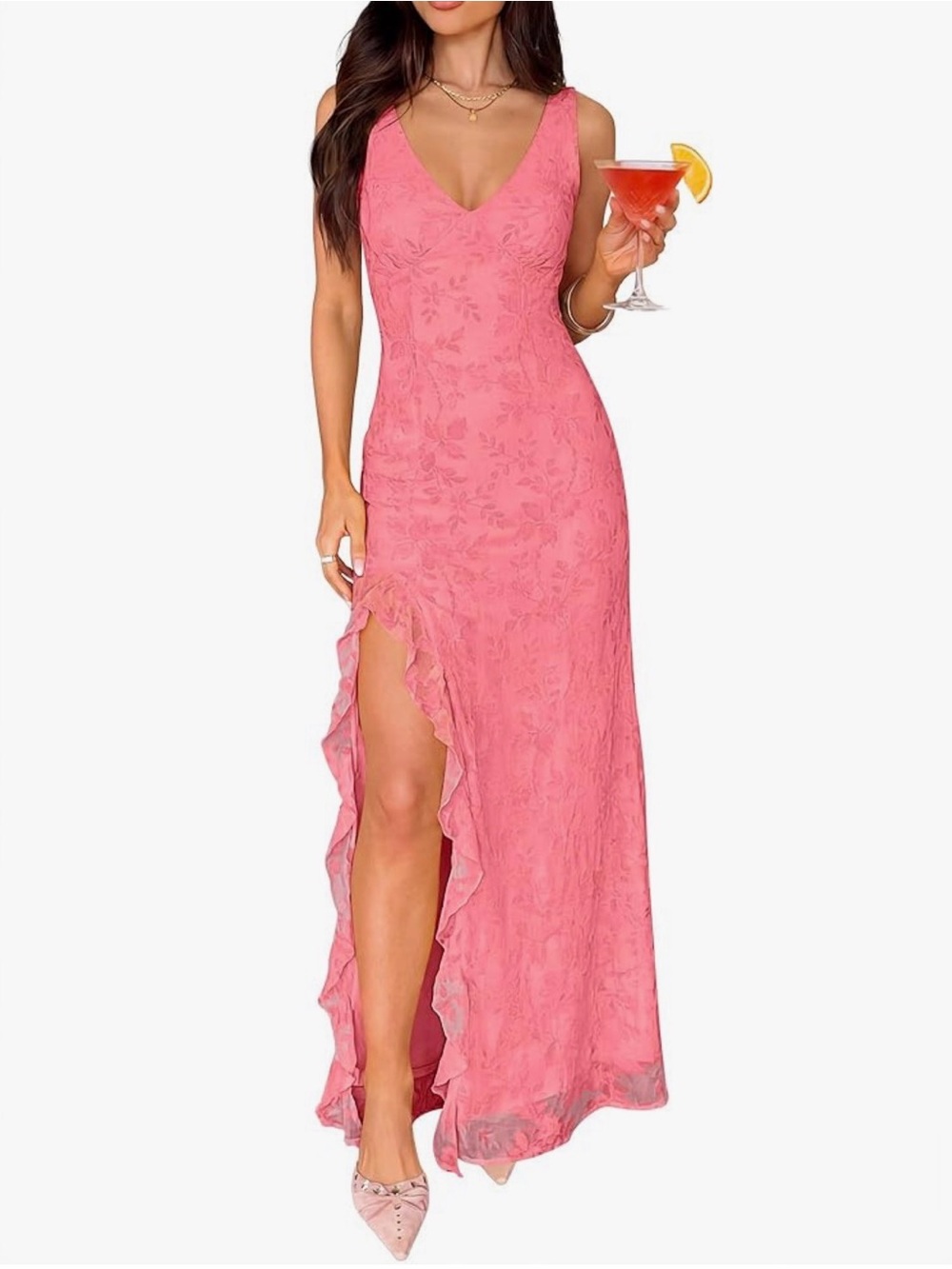 Sleeveless Pink V-Neck Ruffle Maxi Dress size small